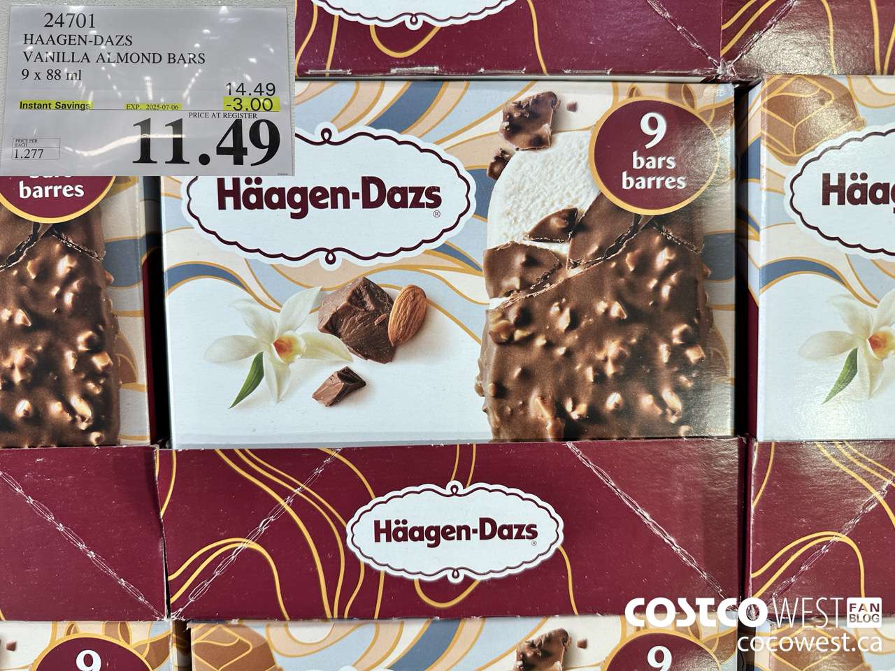 24701 HAAGEN-DAZS VANILLA ALMOND BARS 9 x 88 ml ($3.00 INSTANT SAVINGS EXPIRES ON 2025-07-06) $11.49
