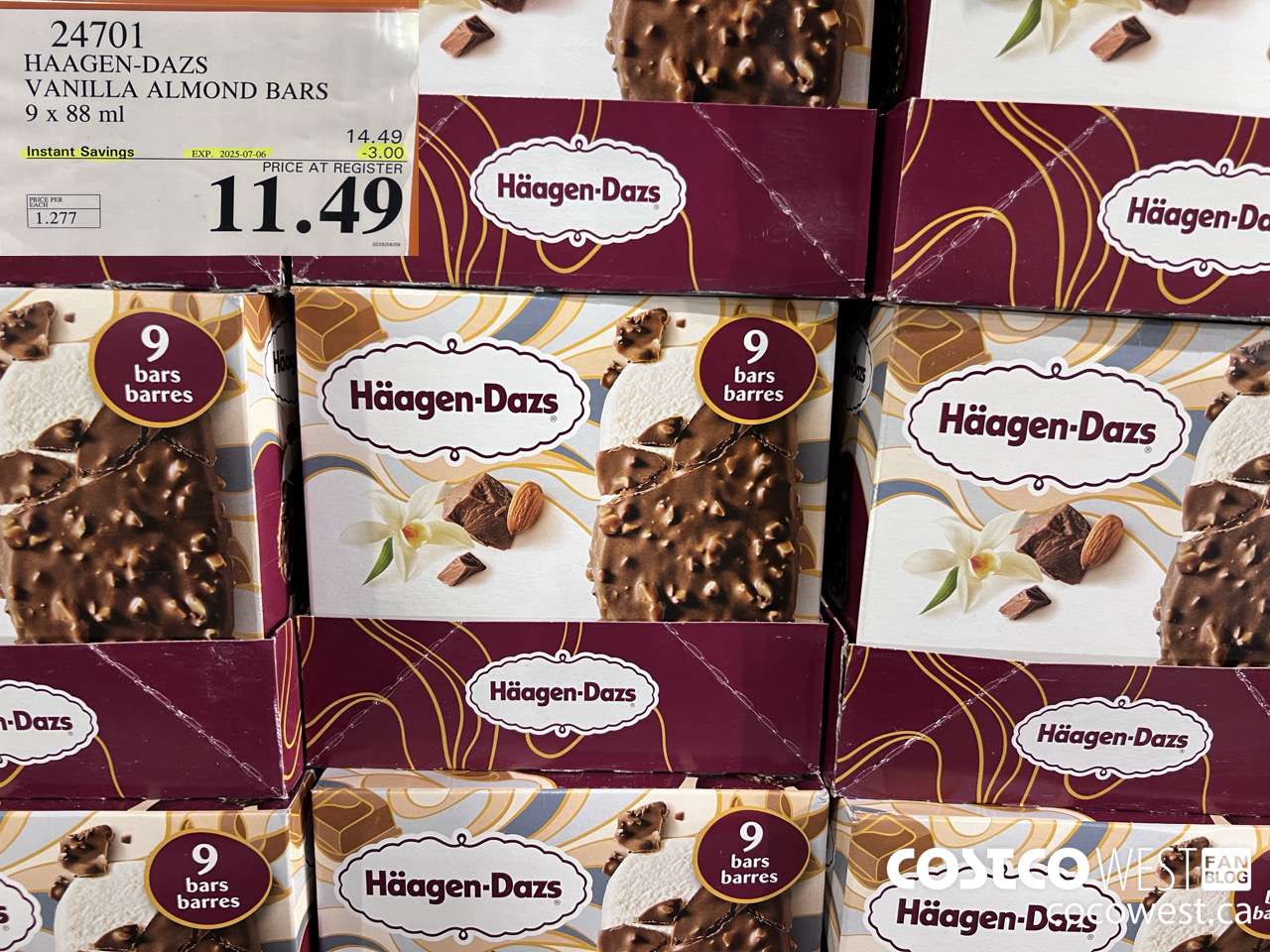 24701 HAAGEN-DAZS VANILLA ALMOND BARS 9 x 88 ml ($3.00 INSTANT SAVINGS EXPIRES ON 2025-07-06) $11.49