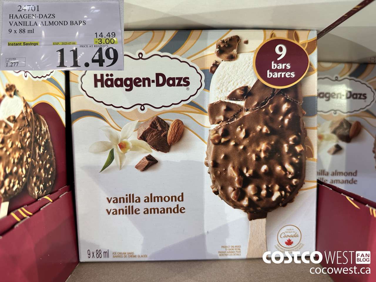 24701 HAAGEN-DAZS VANILLA ALMOND BARS 9 x 88 ml ($3.00 INSTANT SAVINGS EXPIRES ON 2025-07-06) $11.49