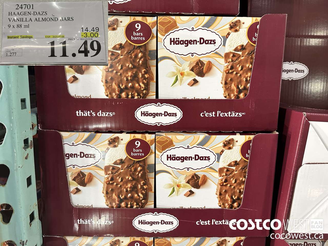 24701 HAAGEN-DAZS VANILLA ALMOND BARS 9 x 88 ml ($3.00 INSTANT SAVINGS EXPIRES ON 2025-07-06) $11.49