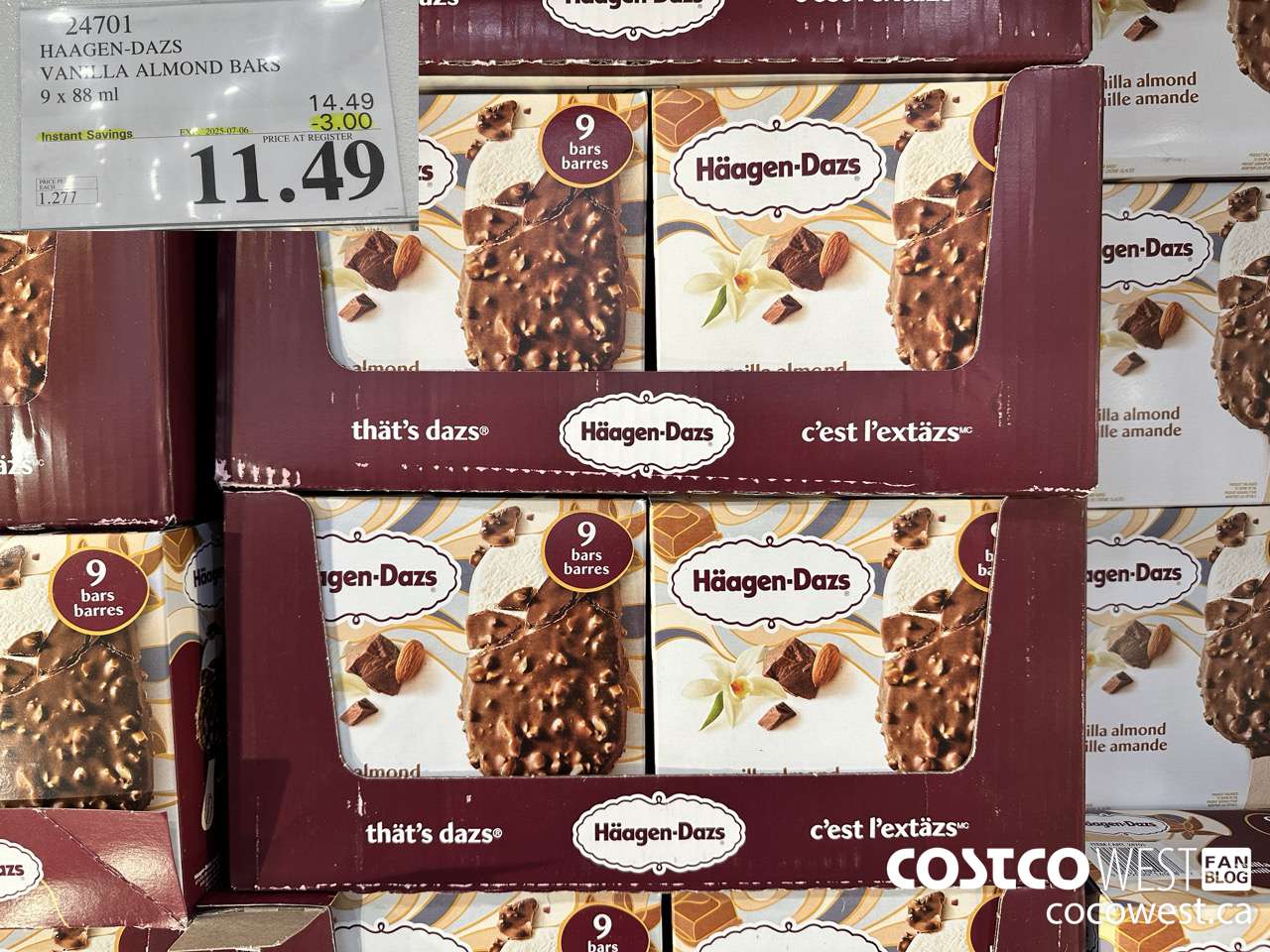 24701 HAAGEN-DAZS VANILLA ALMOND BARS 9 x 88 ml ($3.00 INSTANT SAVINGS EXPIRES ON 2025-07-06) $11.49