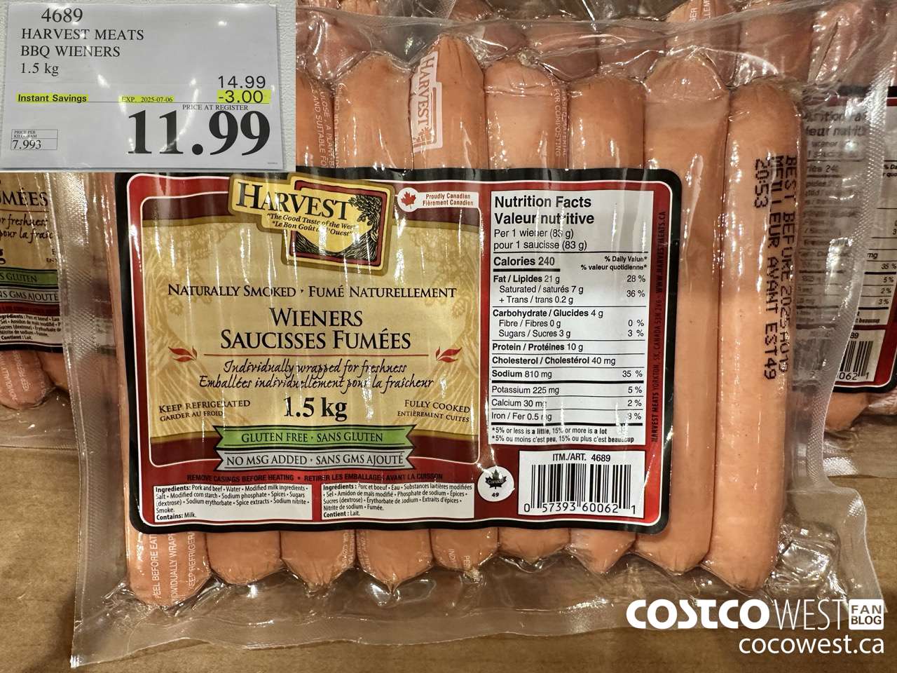 4689 HARVEST MEATS BBQ WIENERS 1.5 KG ($3.00 INSTANT SAVINGS EXPIRES ON 2025-07-06) $11.99