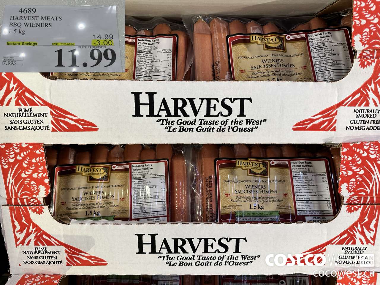 4689 HARVEST MEATS BBQ WIENERS 1.5 KG ($3.00 INSTANT SAVINGS EXPIRES ON 2025-07-06) $11.99
