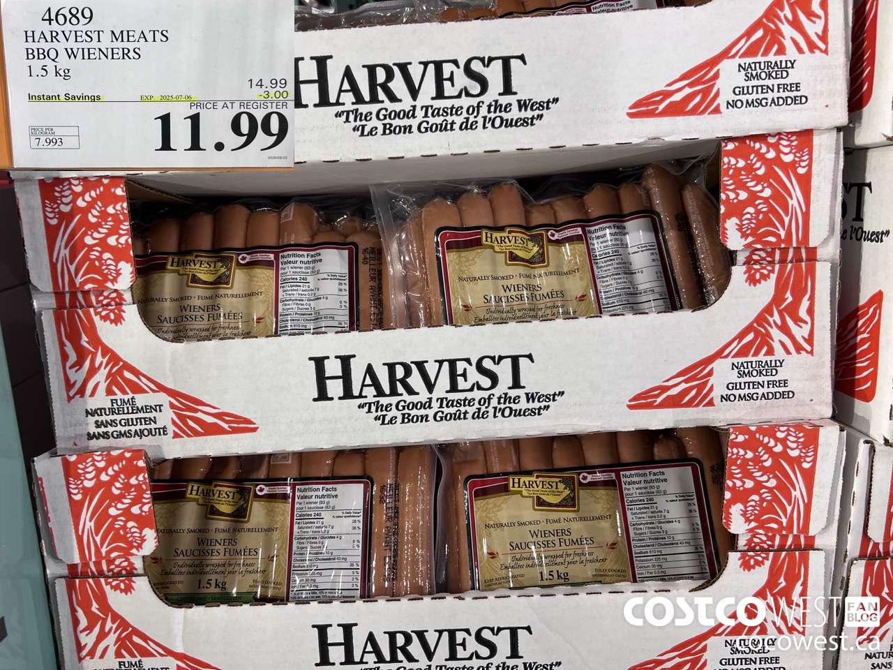 4689 HARVEST MEATS BBQ WIENERS 1.5 KG ($3.00 INSTANT SAVINGS EXPIRES ON 2025-07-06) $11.99