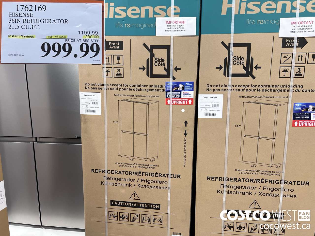1762169 HISENSE 36IN REFRIGERATOR 21.5 CUFT ($200.00 INSTANT SAVINGS EXPIRES ON 2025-07-31) $999.99