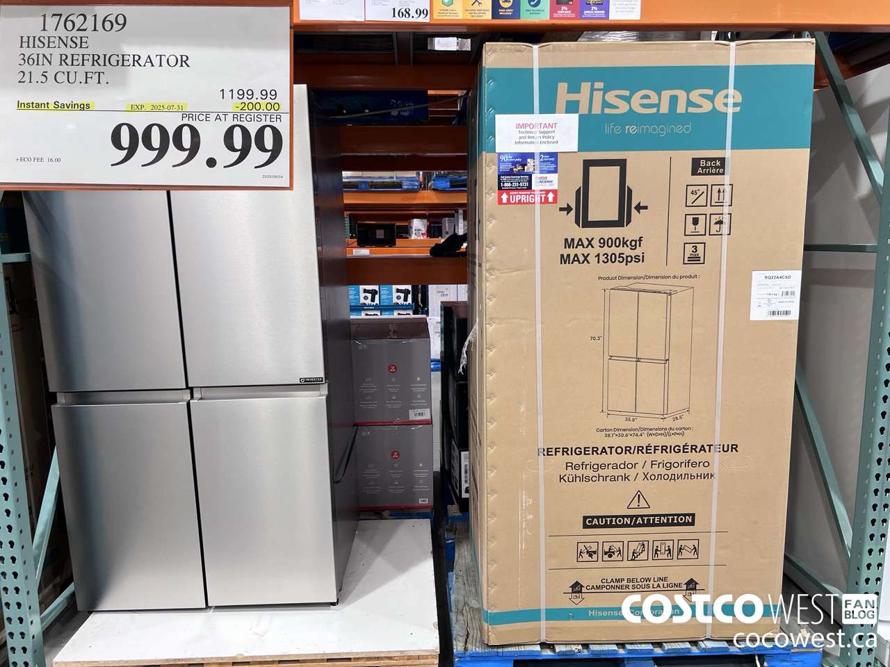 1762169 HISENSE 36IN REFRIGERATOR 21.5 CUFT ($200.00 INSTANT SAVINGS EXPIRES ON 2025-07-31) $999.99