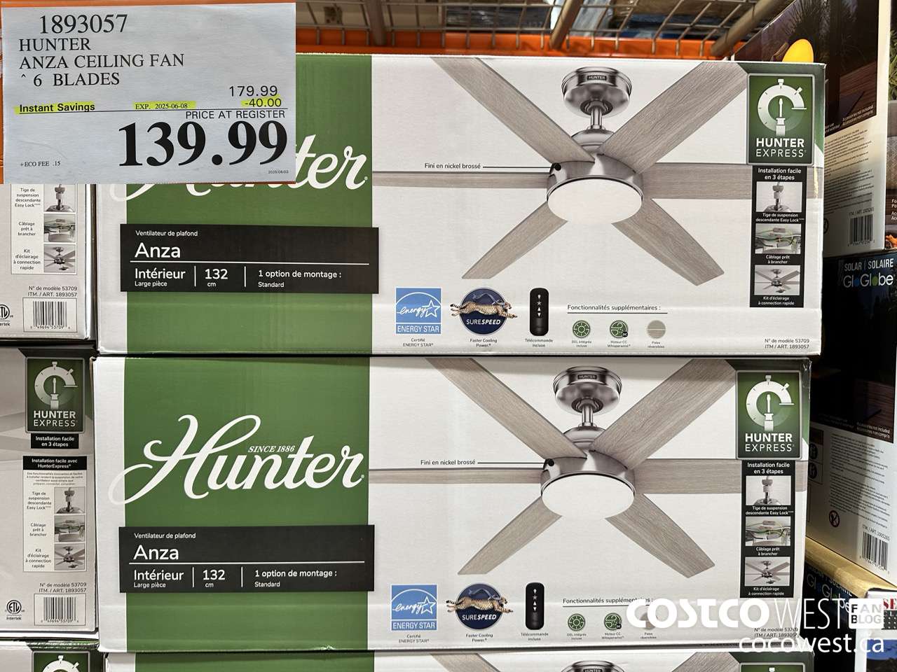 1893057 HUNTER ANZA CEILING FAN 6 BLADES ($40.00 INSTANT SAVINGS EXPIRES ON 2025-06-08) $139.99