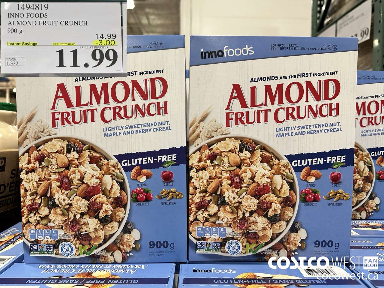 1494819 INNO FOODS ALMOND FRUIT CRUNCH 900 g ($3.00 INSTANT SAVINGS EXPIRES ON 2025-07-06) $11.99