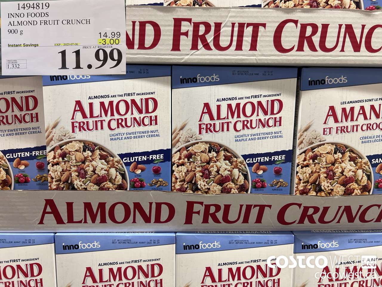 1494819 INNO FOODS ALMOND FRUIT CRUNCH 900 g ($3.00 INSTANT SAVINGS EXPIRES ON 2025-07-06) $11.99