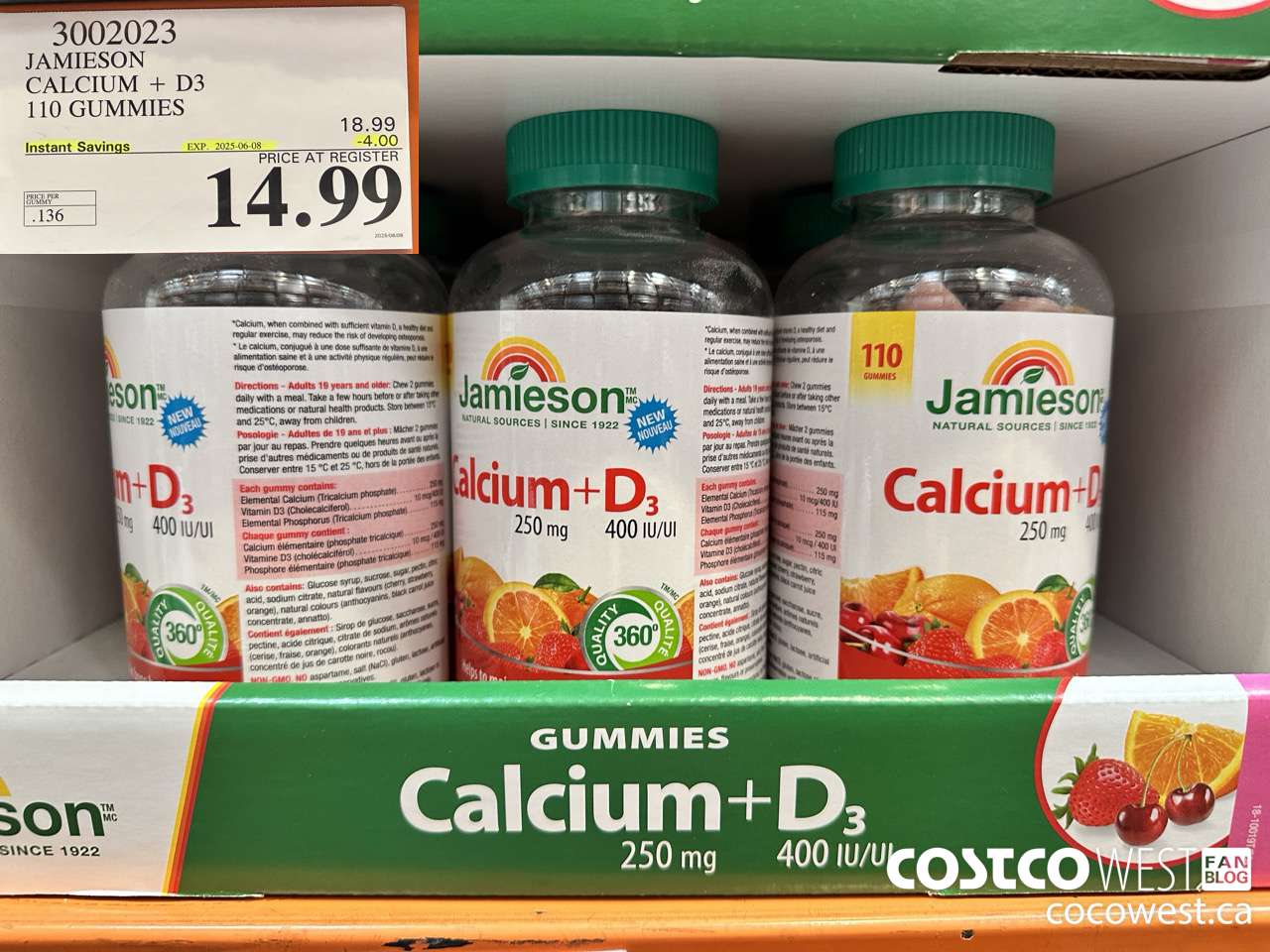 3002023 JAMIESON CALCIUM 250MG + D3 400IU 110 GUMMIES ($4.00 INSTANT SAVINGS EXPIRES ON 2025-06-08) $14.99