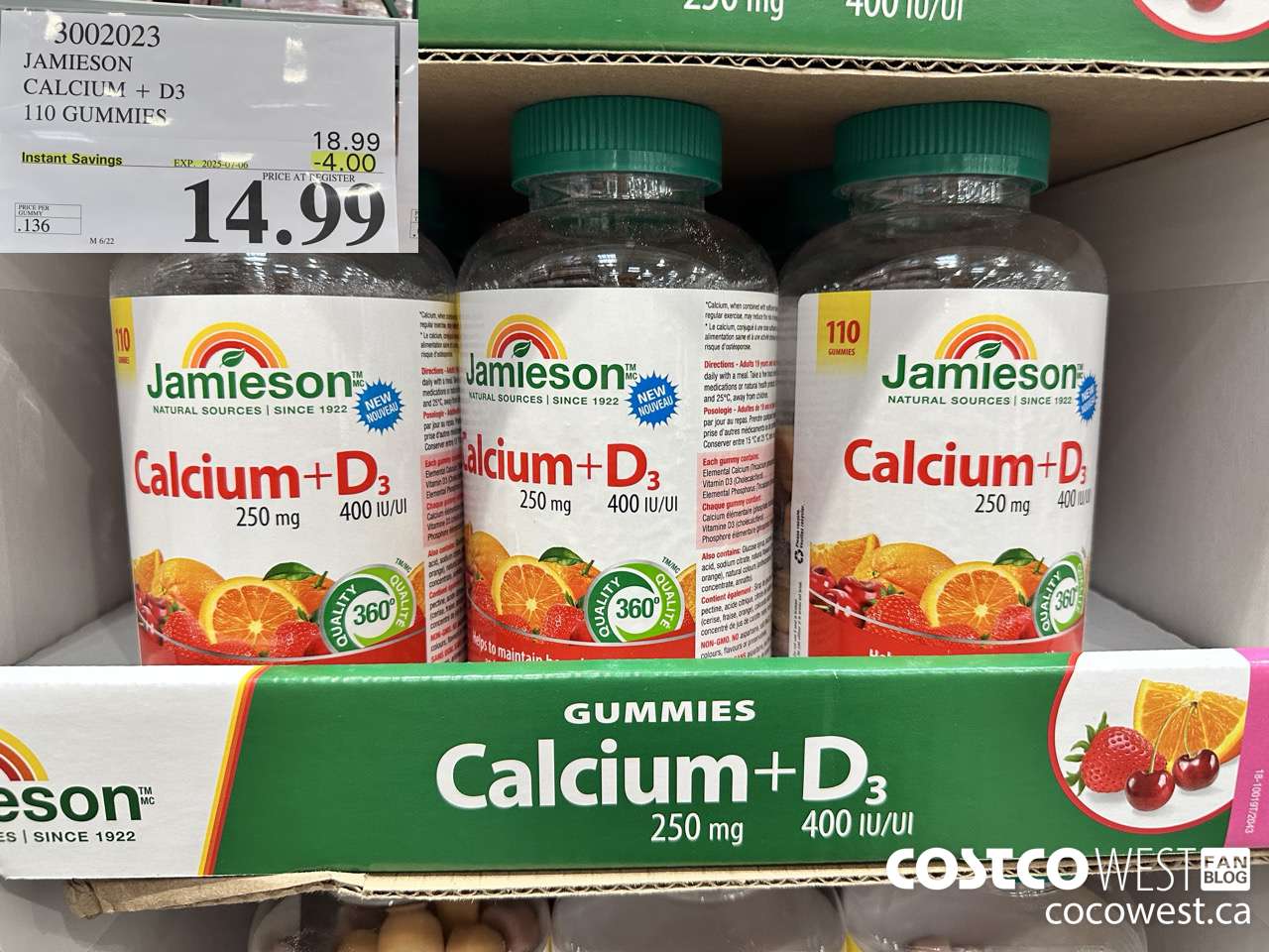 3002023 JAMIESON CALCIUM 250MG + D3 400IU 110 GUMMIES ($4.00 INSTANT SAVINGS EXPIRES ON 2025-07-06) $14.99