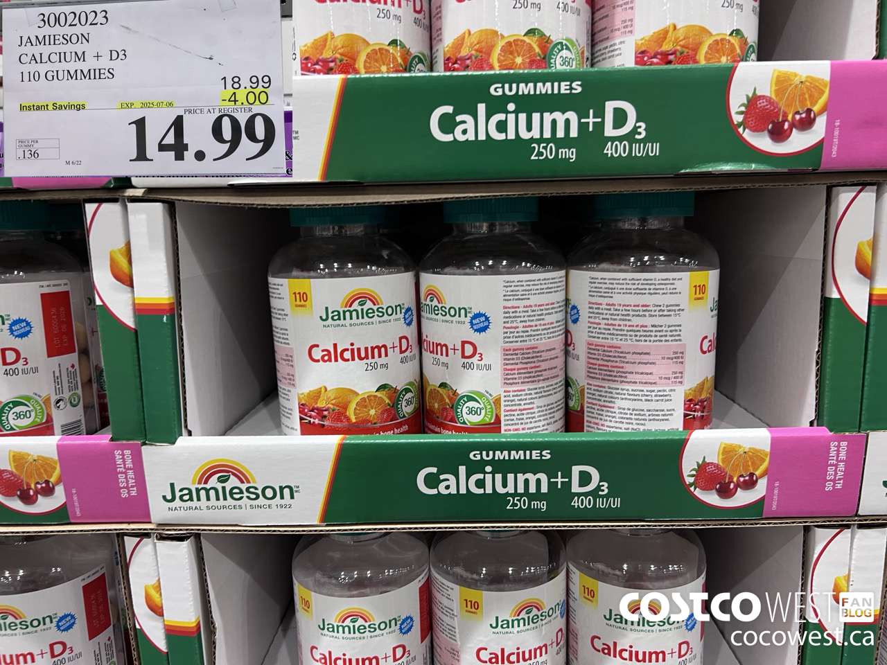 3002023 JAMIESON CALCIUM 250MG + D3 400IU 110 GUMMIES ($4.00 INSTANT SAVINGS EXPIRES ON 2025-07-06) $14.99