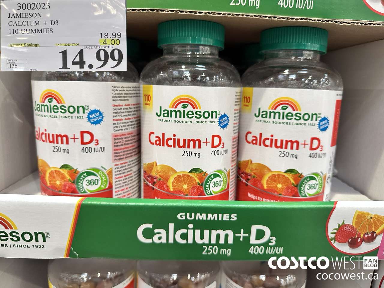 3002023 JAMIESON CALCIUM 250MG + D3 400IU 110 GUMMIES ($4.00 INSTANT SAVINGS EXPIRES ON 2025-07-06) $14.99