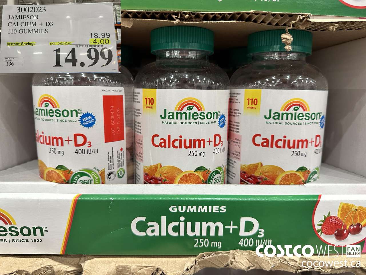 3002023 JAMIESON CALCIUM 250MG + D3 400IU 110 GUMMIES ($4.00 INSTANT SAVINGS EXPIRES ON 2025-07-06) $14.99