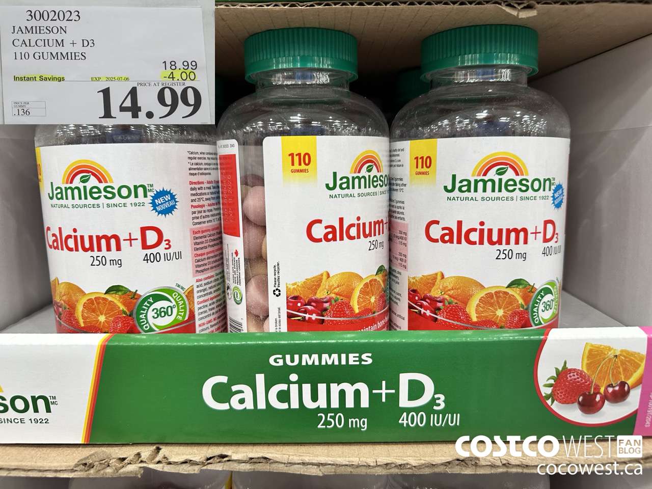3002023 JAMIESON CALCIUM 250MG + D3 400IU 110 GUMMIES ($4.00 INSTANT SAVINGS EXPIRES ON 2025-07-06) $14.99