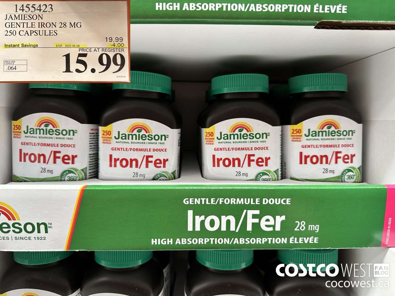 1455423 JAMIESON GENTLE IRON PLUS 28MG 250 CAPSULES ($4.00 INSTANT SAVINGS EXPIRES ON 2025-06-08) $15.99