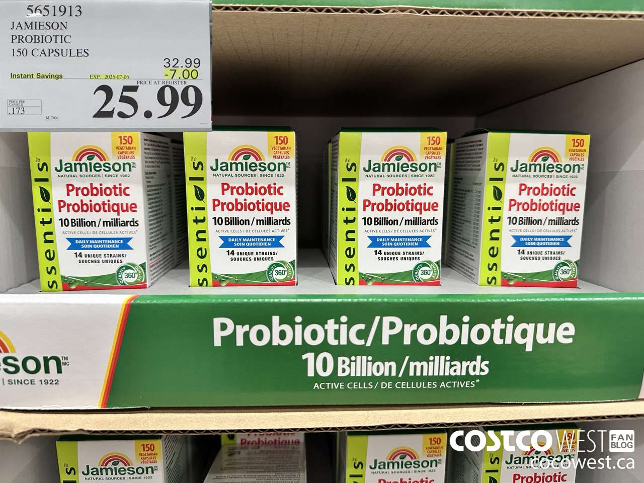 5651913 JAMIESON PROBIOTIC 10 BILLION 150 COUNT ($7.00 INSTANT SAVINGS EXPIRES ON 2025-07-06) $25.99