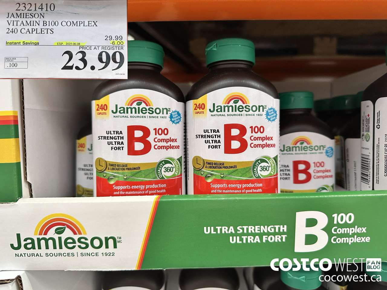 2321410 JAMIESON VITAMIN B100 COMPLEX 240 CAPLETS ($6.00 INSTANT SAVINGS EXPIRES ON 2025-06-08) $23.99