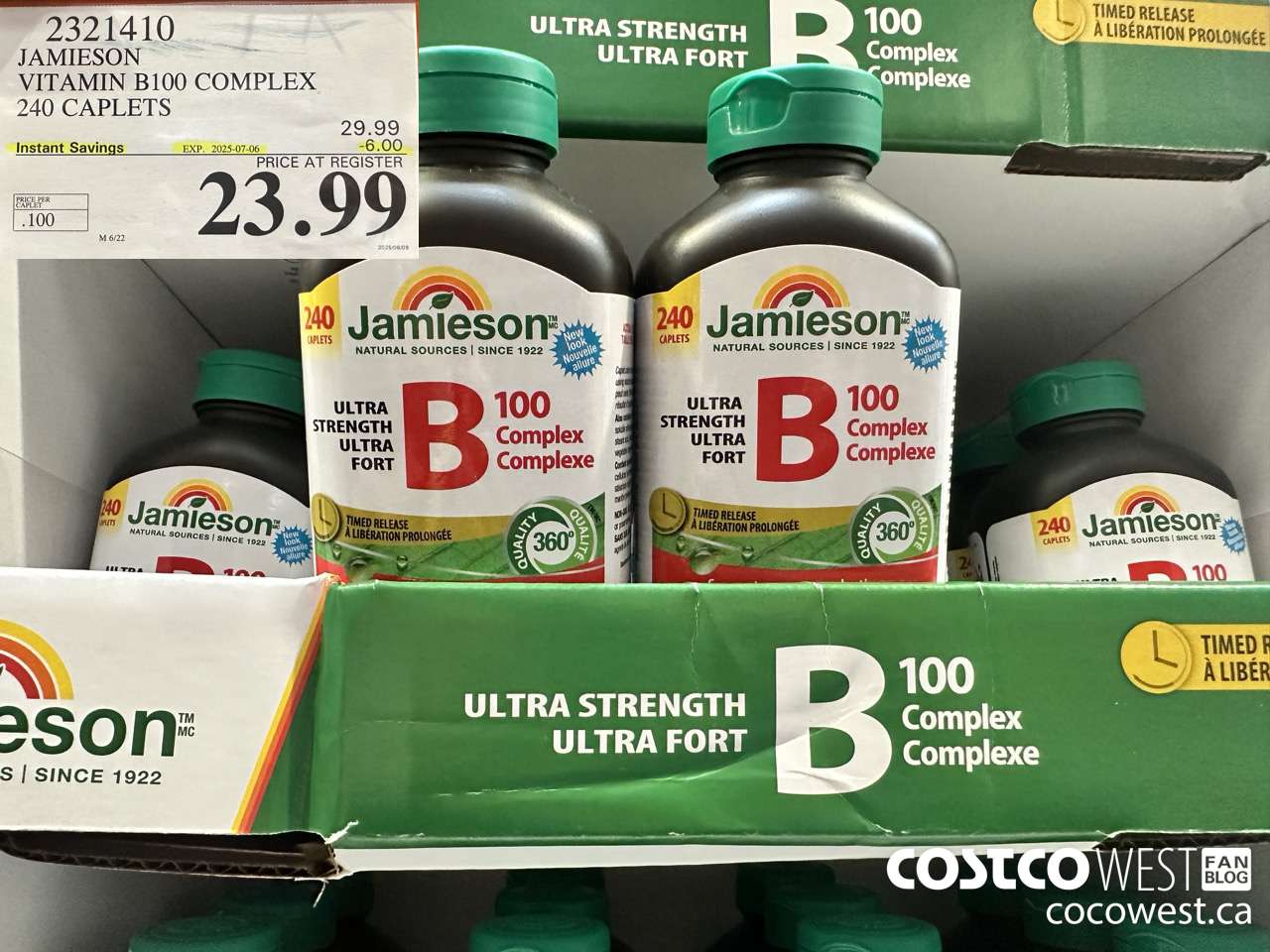 2321410 JAMIESON VITAMIN B100 COMPLEX 240 CAPLETS ($6.00 INSTANT SAVINGS EXPIRES ON 2025-07-06) $23.99