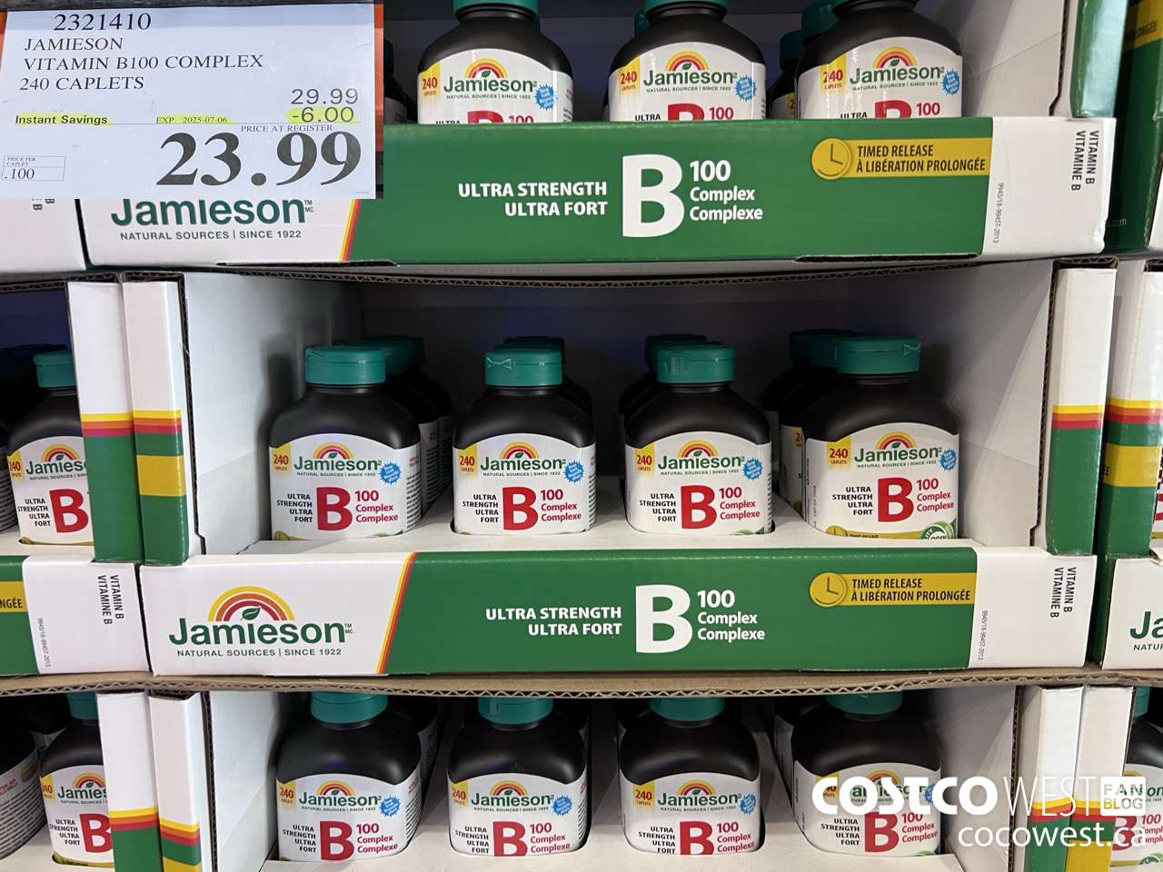 2321410 JAMIESON VITAMIN B100 COMPLEX 240 CAPLETS ($6.00 INSTANT SAVINGS EXPIRES ON 2025-07-06) $23.99
