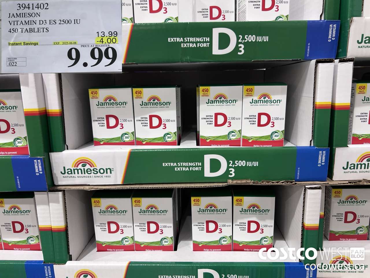 3941402 JAMIESON VITAMIN D3 2500IU 450 TABLETS ($4.00 INSTANT SAVINGS EXPIRES ON 2025-06-08) $9.99