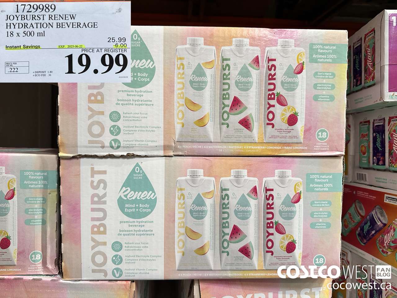 1729989 JOYBURST RENEW HYDRATION BEVERAGE 18 X 500 ML ($6.00 INSTANT SAVINGS EXPIRES ON 2025-06-22) $19.99