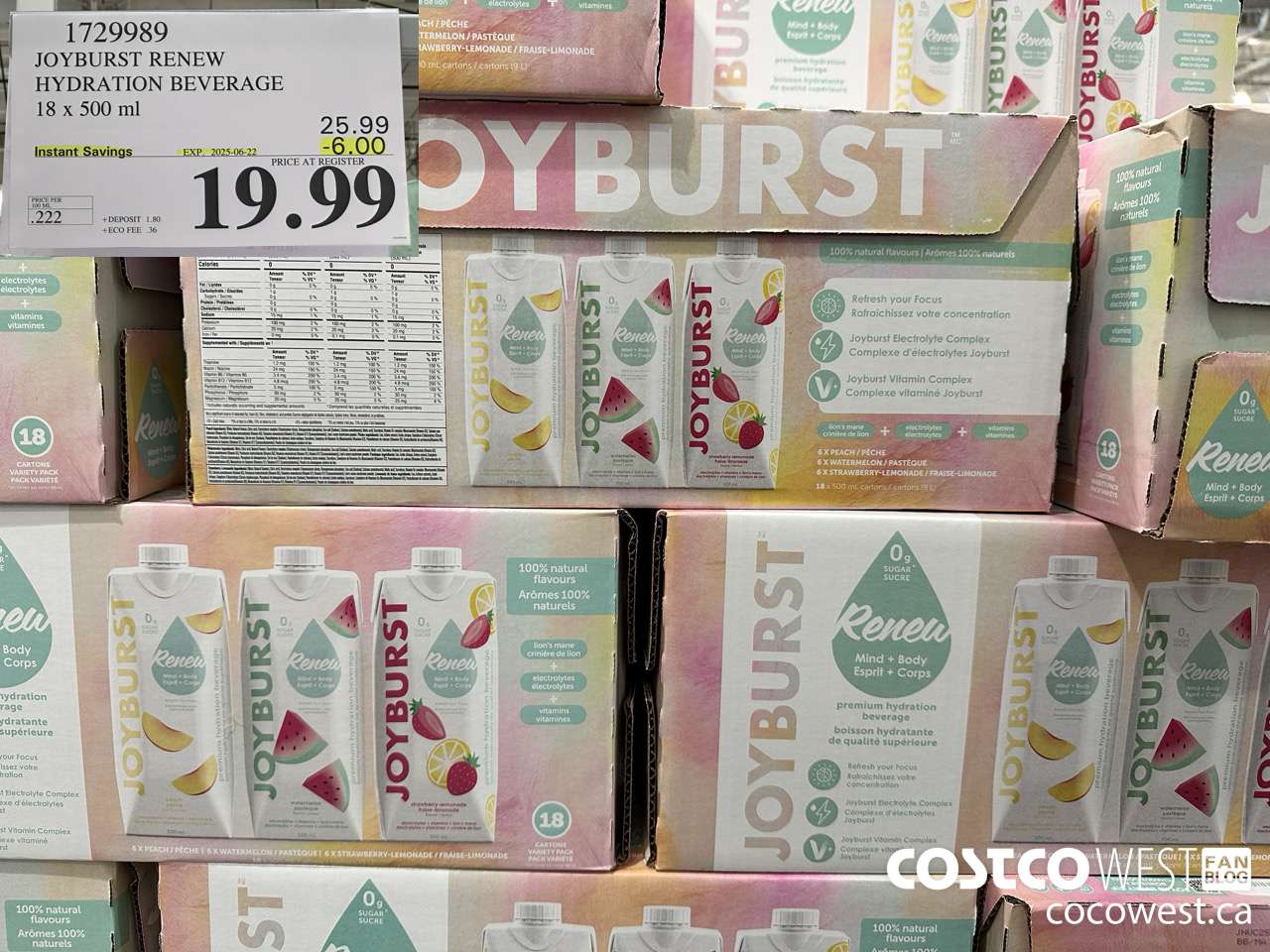 1729989 JOYBURST RENEW HYDRATION BEVERAGE 18 X 500 ML ($6.00 INSTANT SAVINGS EXPIRES ON 2025-06-22) $19.99