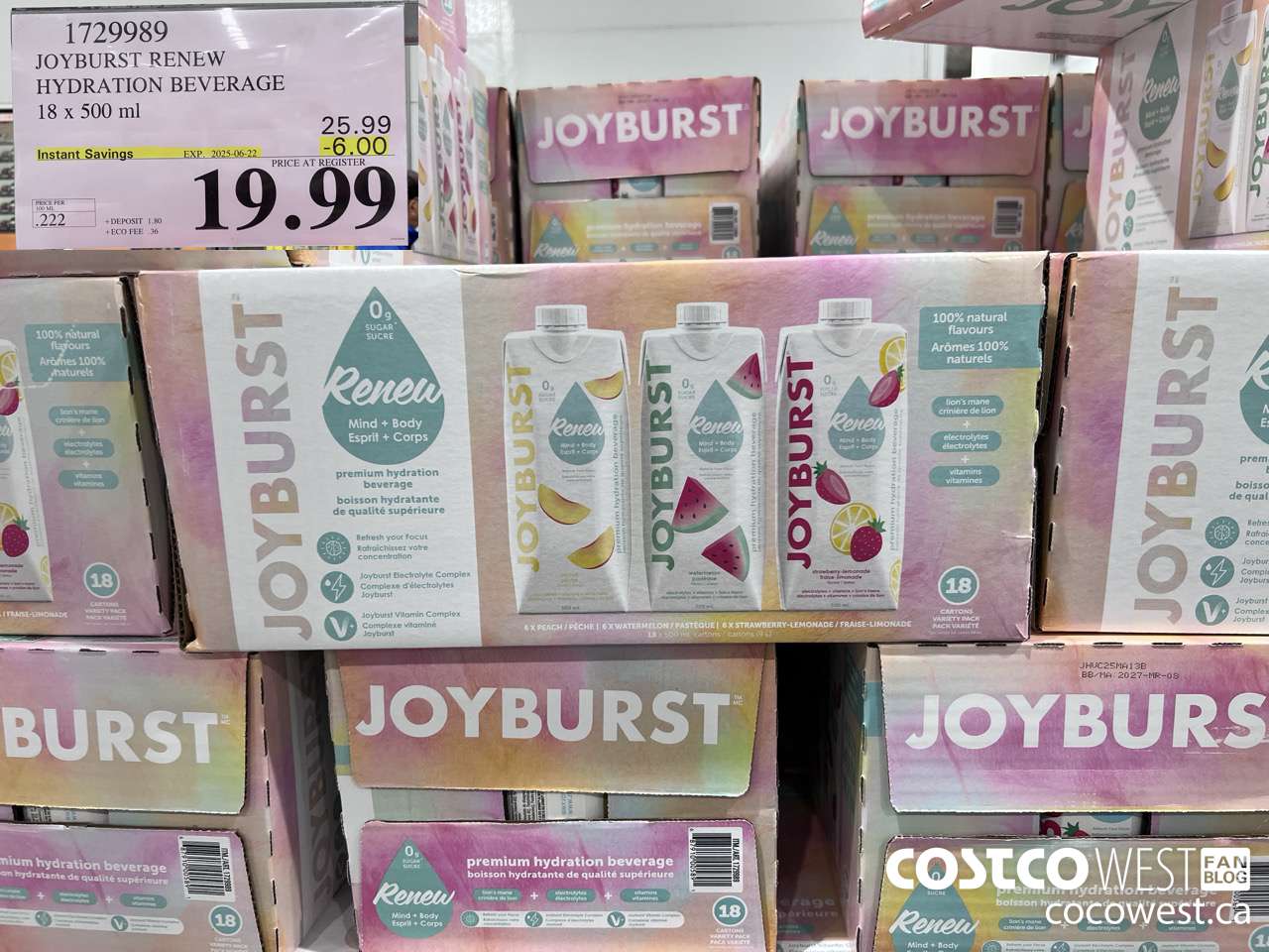 1729989 JOYBURST RENEW HYDRATION BEVERAGE 18 X 500 ML ($6.00 INSTANT SAVINGS EXPIRES ON 2025-06-22) $19.99