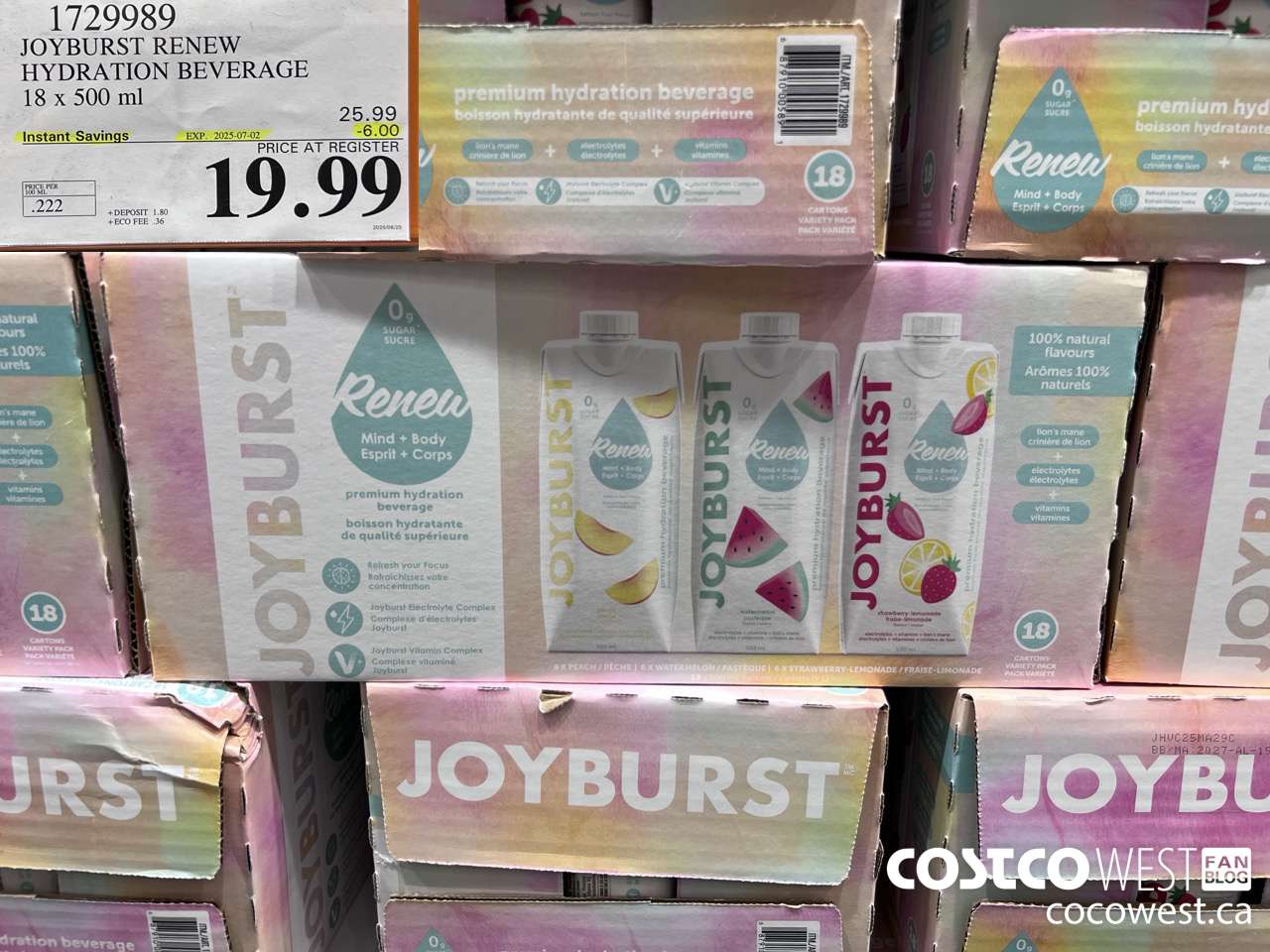 1729989 JOYBURST RENEW HYDRATION BEVERAGE 18 X 500 ML ($6.00 INSTANT SAVINGS EXPIRES ON 2025-07-02) $19.99
