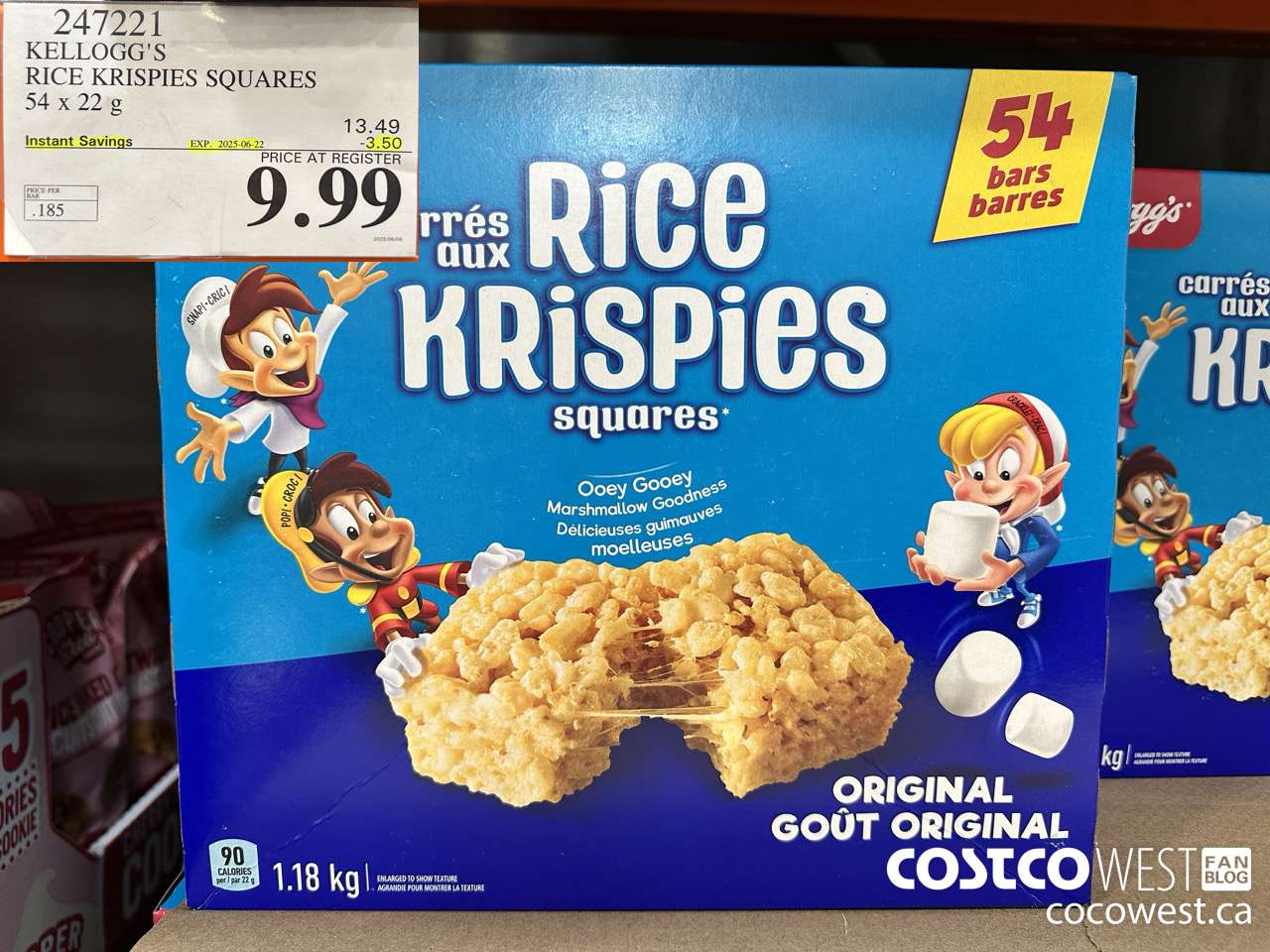 247221 KELLOGG'S RICE KRISPIES SQUARES 54 X 22 G ($3.50 INSTANT SAVINGS EXPIRES ON 2025-06-22) $9.99
