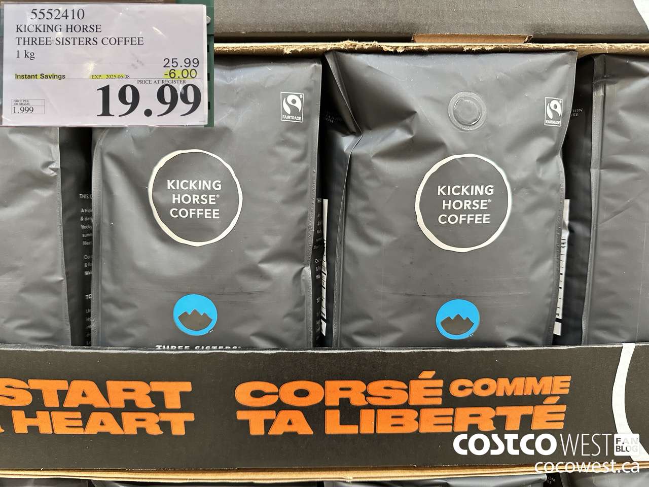 5552410 KICKING HORSE THREE SISTERS COFFEE 1KG ($6.00 INSTANT SAVINGS EXPIRES ON 2025-06-08) $19.99