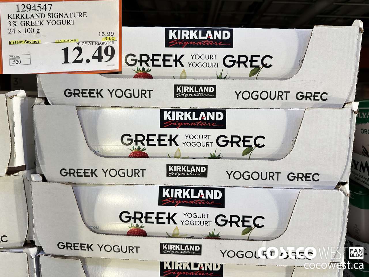 1294547 KIRKLAND SIGNATURE 3% GREEK YOGURT 24 X 100G ($3.50 INSTANT SAVINGS EXPIRES ON 2025-06-29) $12.49