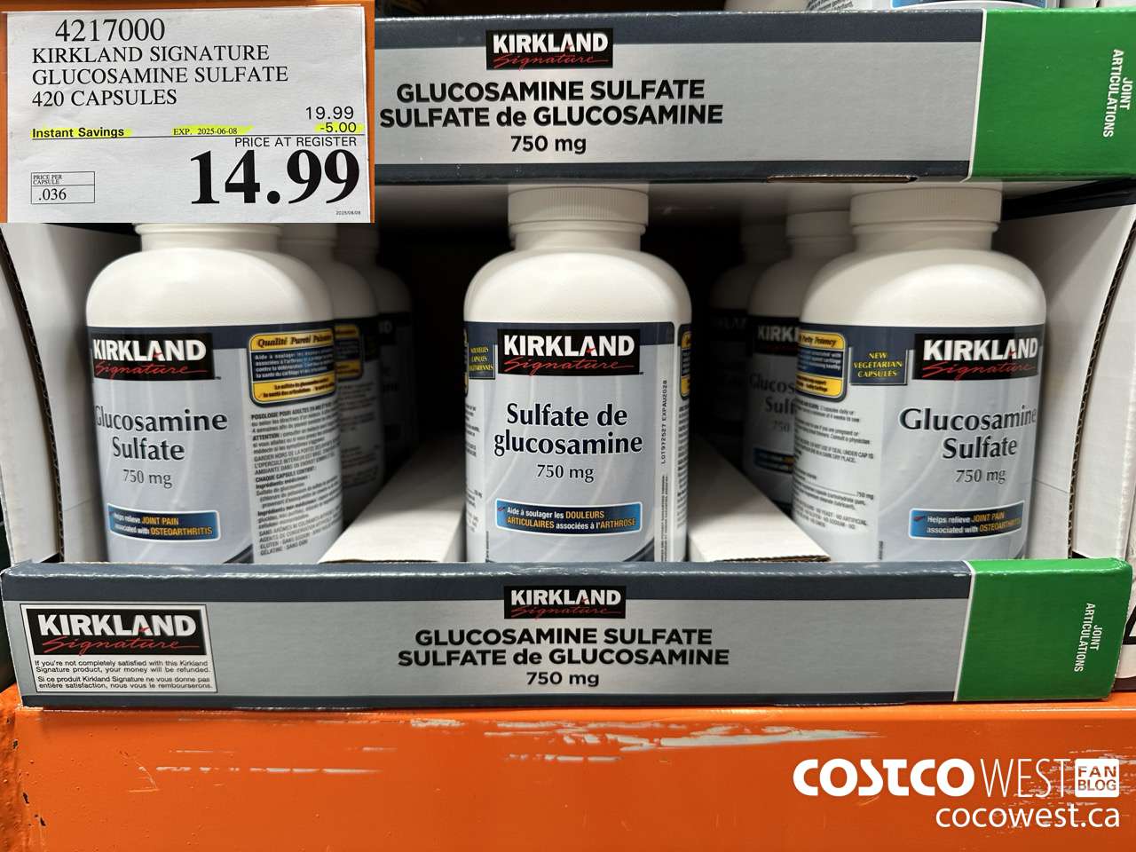 4217000 KIRKLAND SIGNATURE GLUCOSAMINE SULFATE 420 CAPSULES ($5.00 INSTANT SAVINGS EXPIRES ON 2025-06-08) $14.99