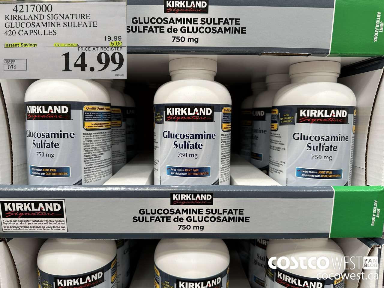 4217000 KIRKLAND SIGNATURE GLUCOSAMINE SULFATE 420 CAPSULES ($5.00 INSTANT SAVINGS EXPIRES ON 2025-07-06) $14.99