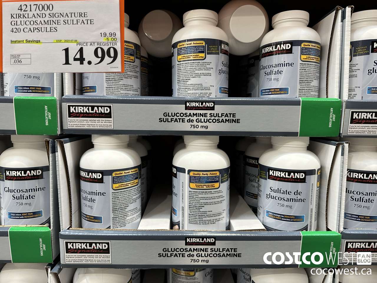 4217000 KIRKLAND SIGNATURE GLUCOSAMINE SULFATE 420 CAPSULES ($5.00 INSTANT SAVINGS EXPIRES ON 2025-07-06) $14.99