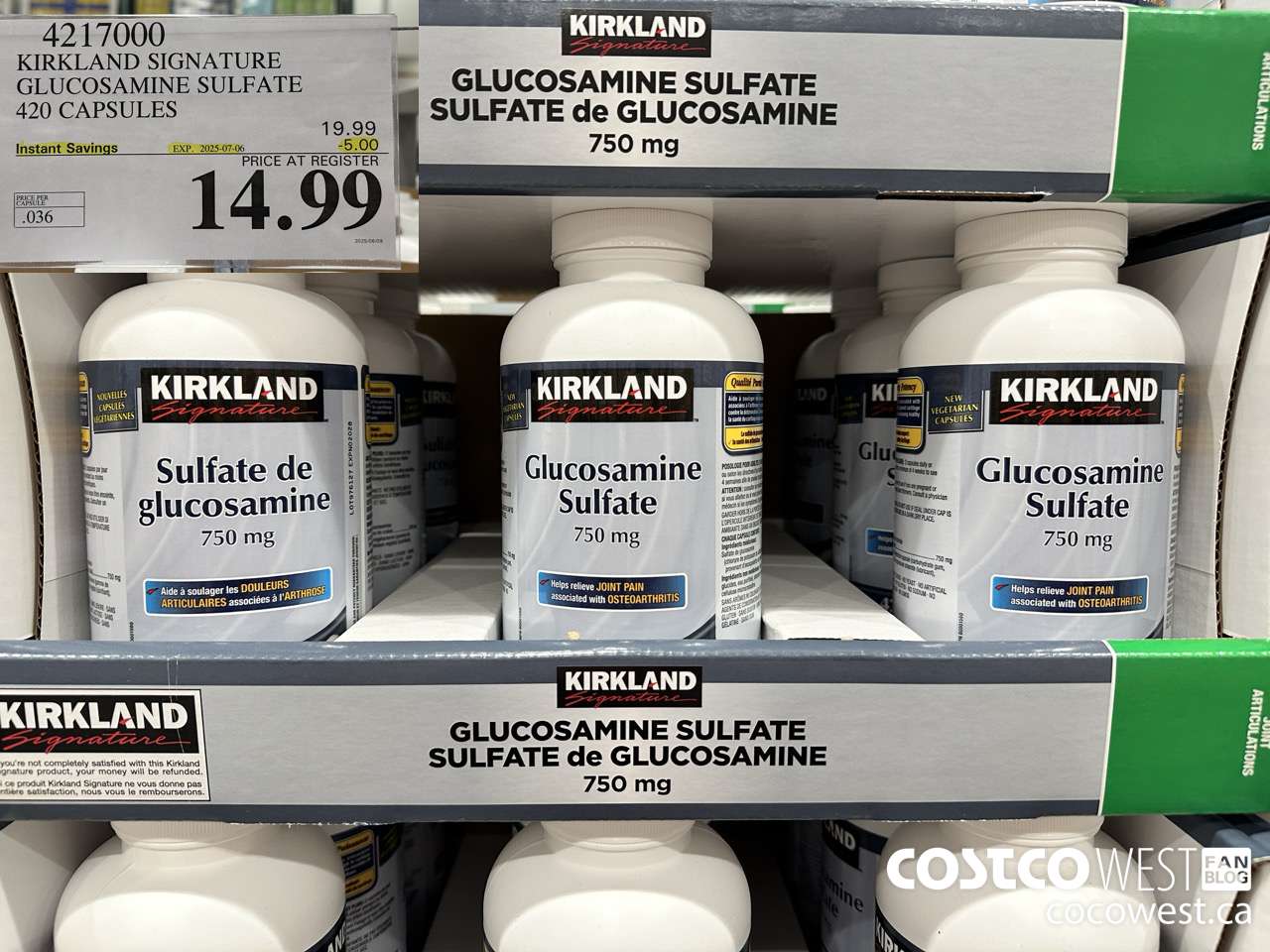 4217000 KIRKLAND SIGNATURE GLUCOSAMINE SULFATE 420 CAPSULES ($5.00 INSTANT SAVINGS EXPIRES ON 2025-07-06) $14.99