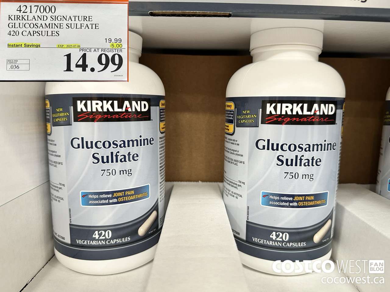 4217000 KIRKLAND SIGNATURE GLUCOSAMINE SULFATE 420 CAPSULES ($5.00 INSTANT SAVINGS EXPIRES ON 2025-07-06) $14.99