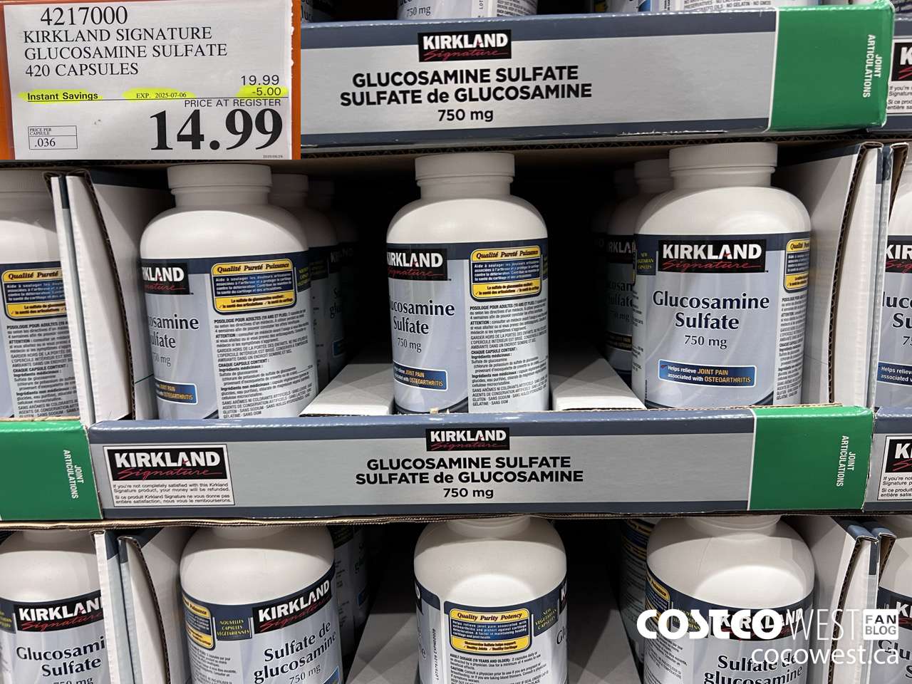 4217000 KIRKLAND SIGNATURE GLUCOSAMINE SULFATE 420 CAPSULES ($5.00 INSTANT SAVINGS EXPIRES ON 2025-07-06) $14.99