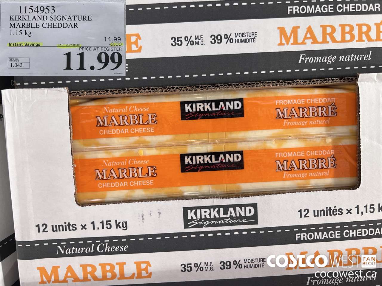 1154953 KIRKLAND SIGNATURE MARBLE CHEDDAR 1.15 KG ($3.00 INSTANT SAVINGS EXPIRES ON 2025-06-08) $11.99