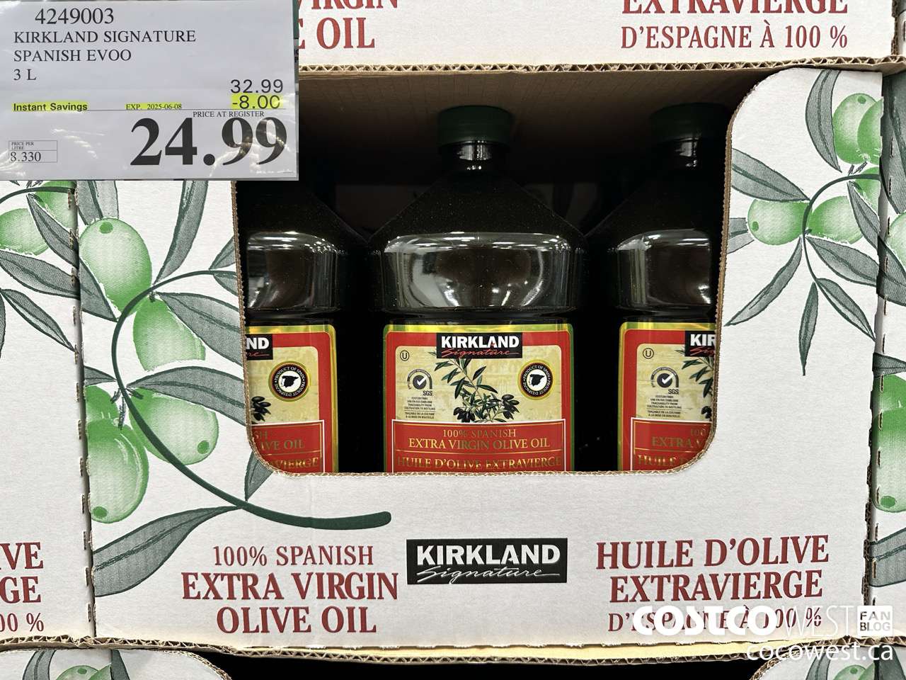 4249003 KIRKLAND SIGNATURE SPANISH EVOO 3L ($8.00 INSTANT SAVINGS EXPIRES ON 2025-06-08) $24.99