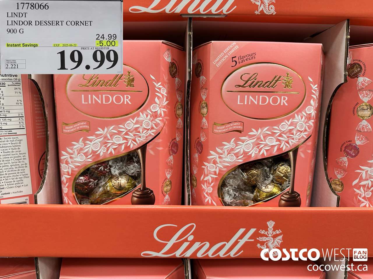 1778066 LINDT LINDOR DESSERT CORNET 900G ($5.00 INSTANT SAVINGS EXPIRES ON 2025-06-22) $19.99
