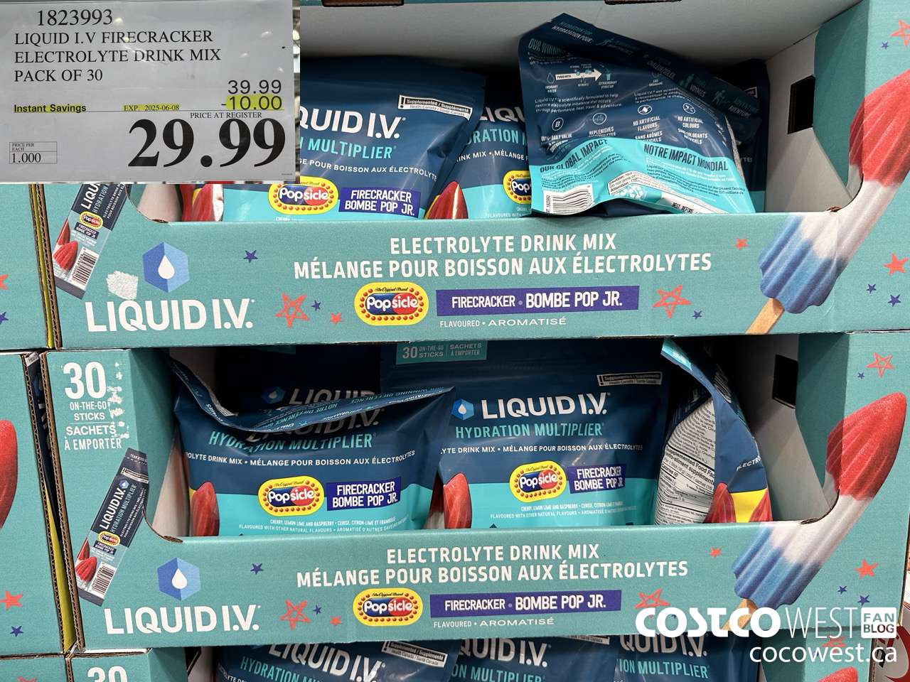 1823993 LIQUID I.V. FIRECRACKER ELECTROLYTE DRINK MIX PACK OF 30 ($10.00 INSTANT SAVINGS EXPIRES ON 2025-06-08) $29.99