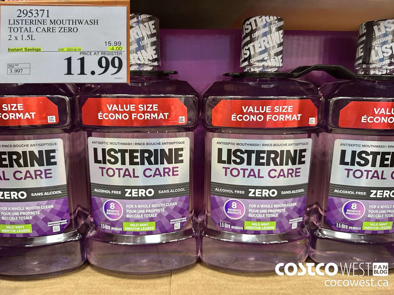295371 LISTERINE MOUTHWASH TOTAL CARE ZERO 2 X 1.5L ($4.00 INSTANT SAVINGS EXPIRES ON 2025-06-29) $11.99