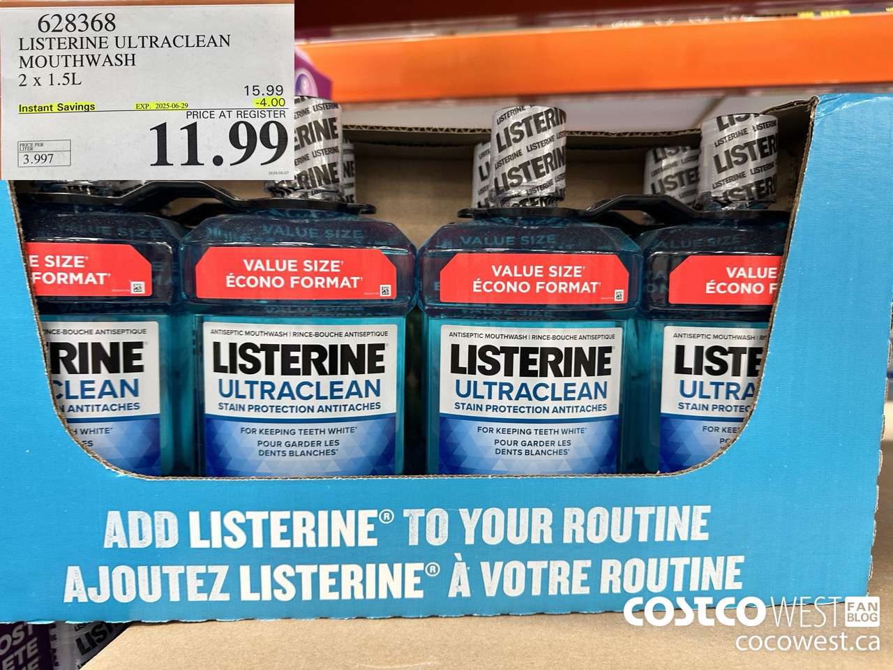 628368 LISTERINE ULTRACLEAN MOUTHWASH 2 X 1.5L ($4.00 INSTANT SAVINGS EXPIRES ON 2025-06-29) $11.99