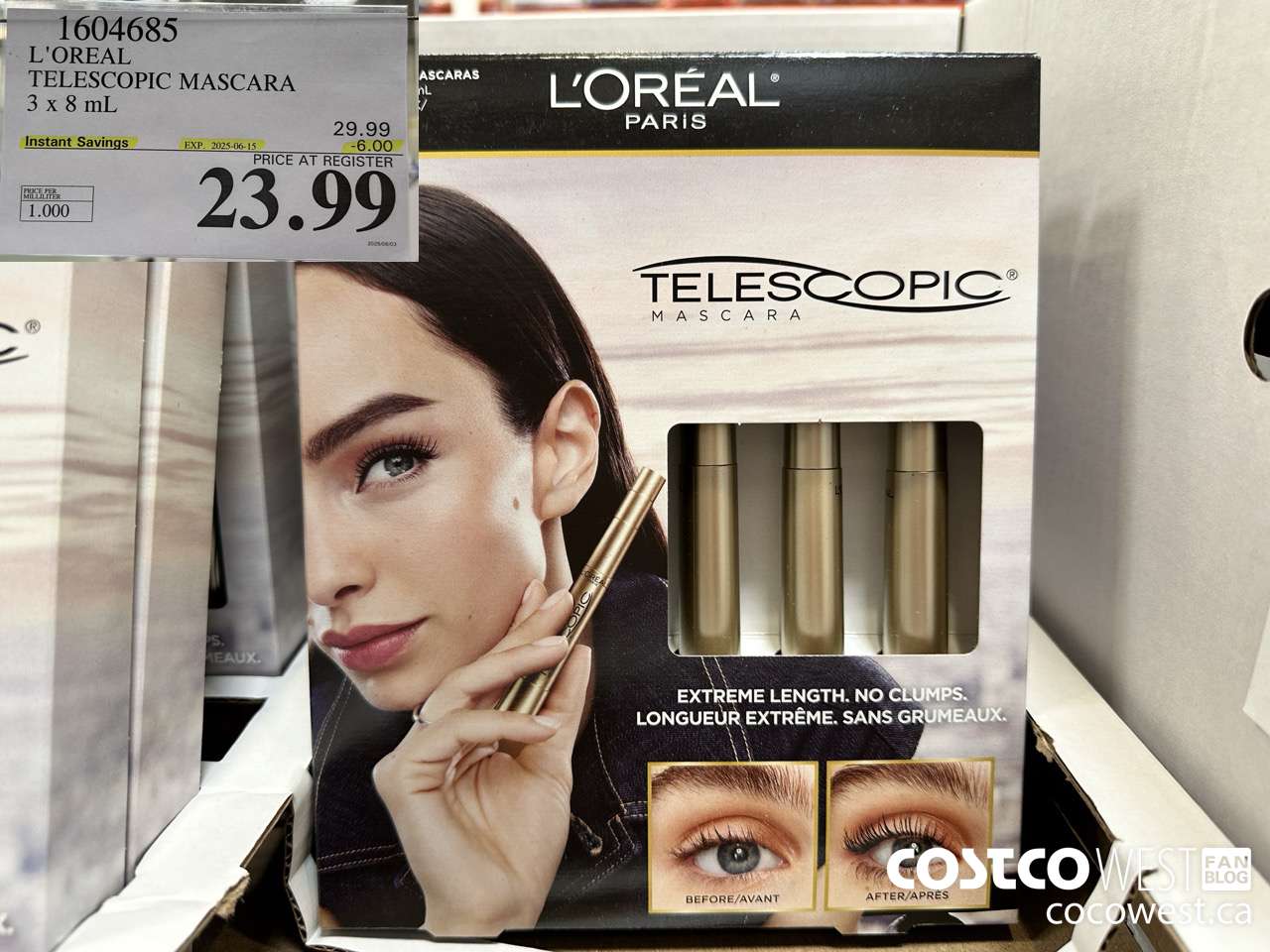1604685 L'OREAL TELESCOPIC MASCARA 3 X 8 ML (0.27 FL. OZ) ($6.00 INSTANT SAVINGS EXPIRES ON 2025-06-15) $23.99