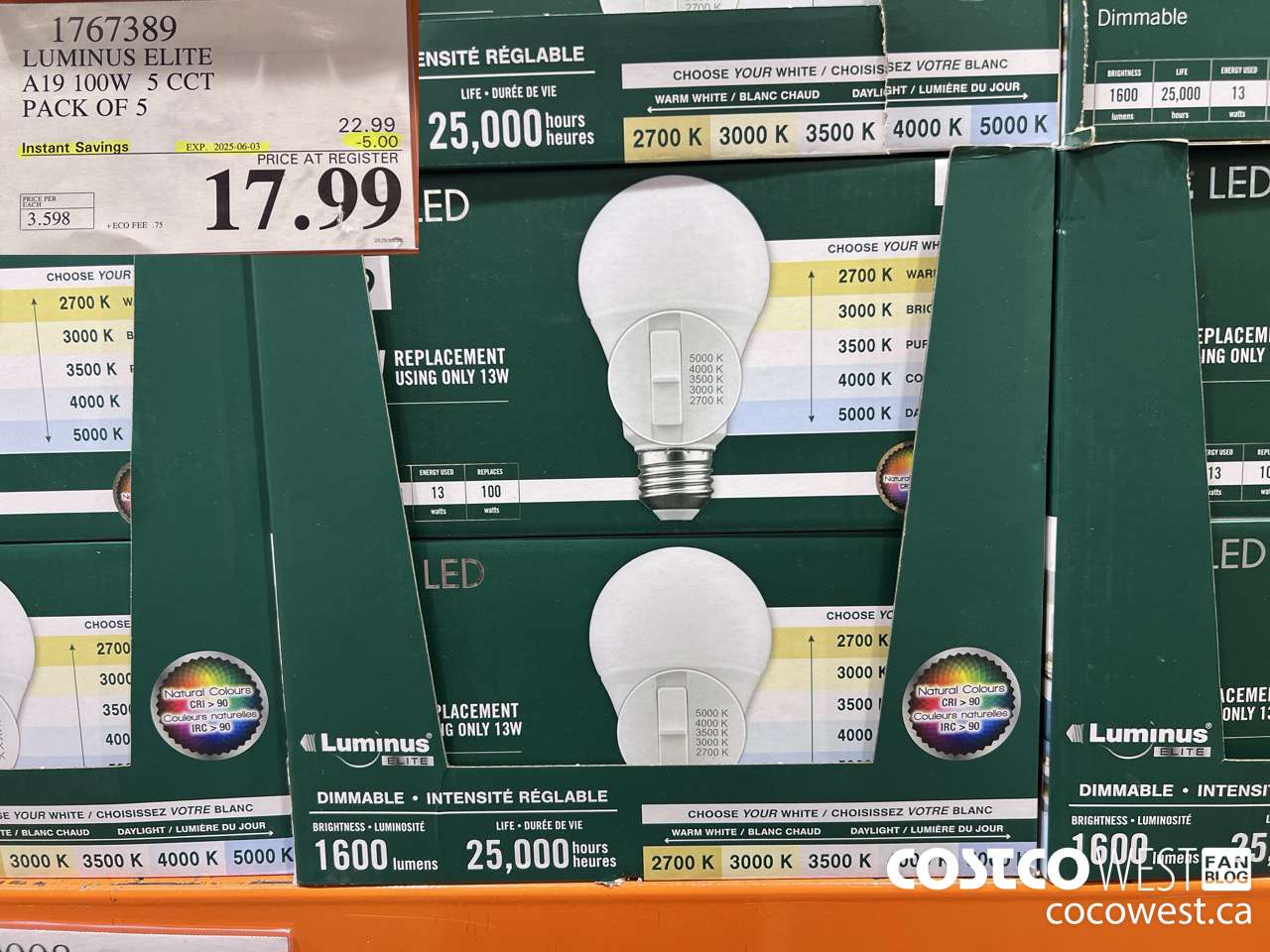 1767389 LUMINUS ELITE A19 100W 5 CCT PACK OF 5 ($5.00 INSTANT SAVINGS EXPIRES ON 2025-06-03) $17.99