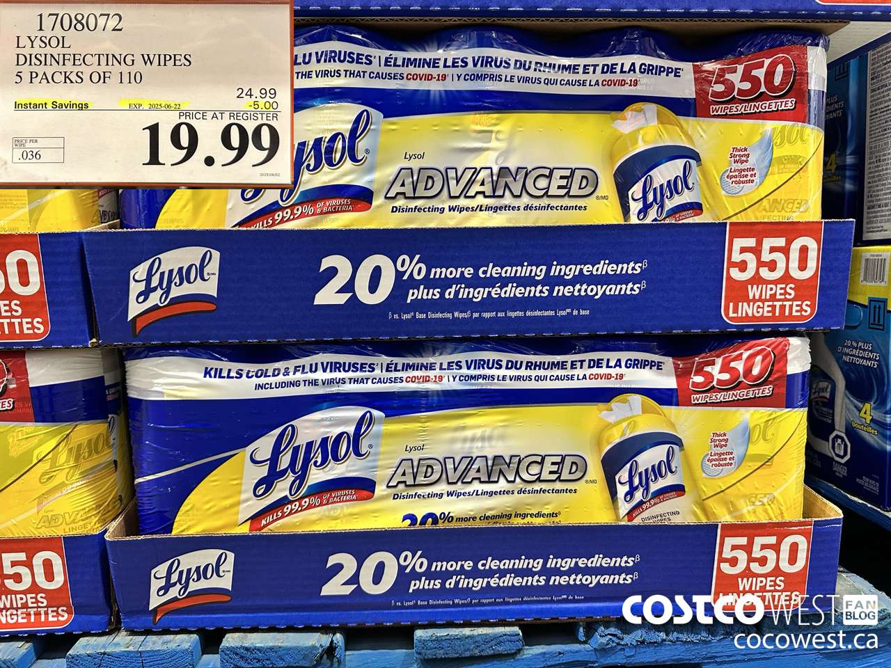 1708072 LYSOL DISINFECTING WIPES 5 X 110 WIPES ($5.00 INSTANT SAVINGS EXPIRES ON 2025-06-22) $19.99