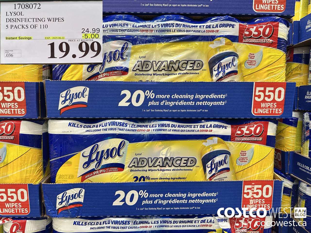 1708072 LYSOL DISINFECTING WIPES 5 X 110 WIPES ($5.00 INSTANT SAVINGS EXPIRES ON 2025-06-22) $19.99