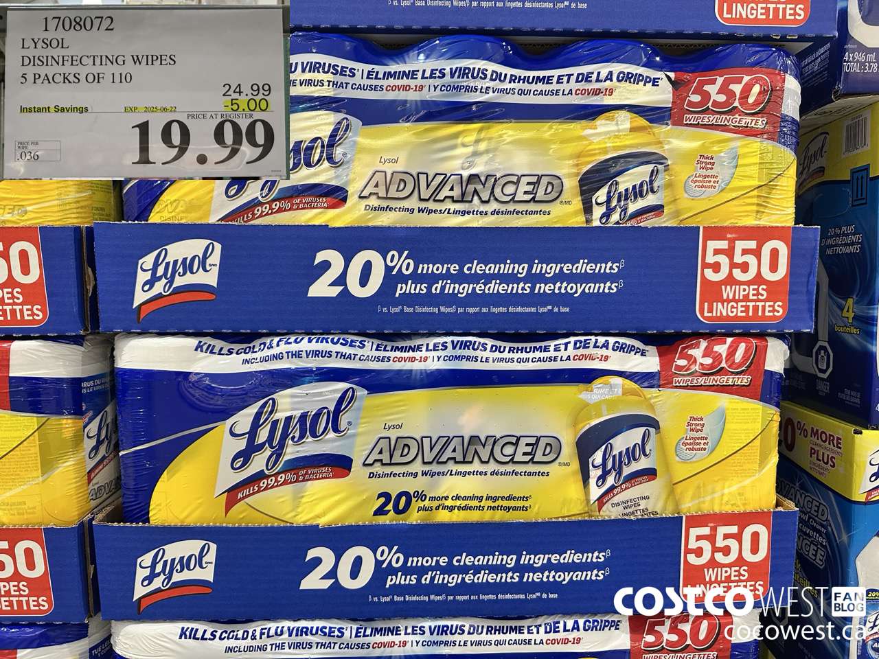 1708072 LYSOL DISINFECTING WIPES 5 X 110 WIPES ($5.00 INSTANT SAVINGS EXPIRES ON 2025-06-22) $19.99