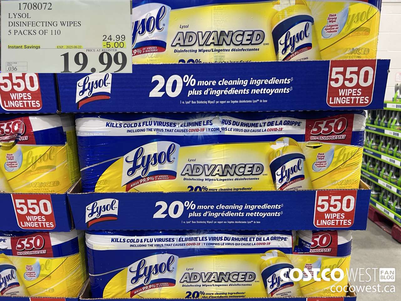 1708072 LYSOL DISINFECTING WIPES 5 X 110 WIPES ($5.00 INSTANT SAVINGS EXPIRES ON 2025-06-22) $19.99
